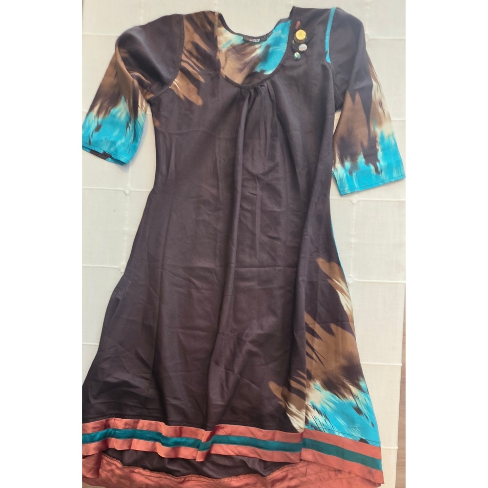 Envi Women Brown Turquoise Abstract Tie Dye Dress XL 3/4 Sleeve Button